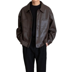 เสื้อผ้าหนังสั้นสำหรับผู้ชายเสื้อแจ็คเก็ตหนังแท้ย้อนยุคลำลองใส่กลางแจ้งหัวเข็มขัดแถวเดียวสำหรับฤดูใบไม้ผลิฤดูใบไม้ร่วงและรถจักรยานยนต์ - Product Image 1