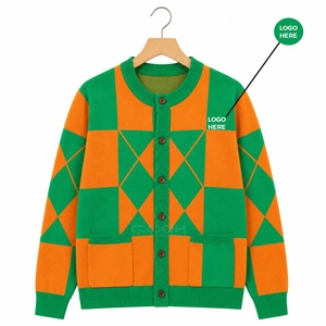Cosh International Sisterhood Sorority Green <b>Orange</b> Geometric Knitted <b>Cardigan</b> <b>Women</b> Long Sleeve Casual Crew Neck Button Front - Product Image 1