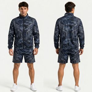Navy Digital Camo Men Windbreaker Short Sets Lightweight Polyester Windproof <b>Hooded</b> Quick Dry Travel Windbreaker Short Sets - Product Image 1