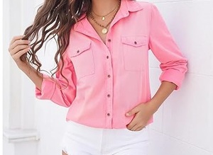 Camisas de mezclilla para mujer al por mayor, color rosa, elásticas, con bolsillos en el pecho, estilo vintage, lavado ácido, moda urbana - Product Image 2