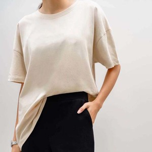 Camiseta Corta para Mujer, Color Sólido, Cuello Redondo, Hombros Caídos, Corte Holgado, Manga Corta, Tejido de Punto, 100% Algodón, Transpirable, Informal, Verano - Product Image 2