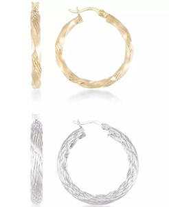2-Pc. Set di orecchini a cerchio rotondi con finitura in corda e raso in argento Sterling placcato oro 14k e argento Sterling | Macacy's - Product Image 1