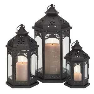 Set 3 Black Metal Handmade Heat Resistant Tall Dome Top Clear Glass Panel Hanging Tabletop <b>Hurricane</b> Lamp Candle <b>Lanterns</b> - Product Image 5