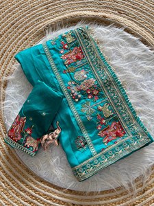 Reglance Royal Bloom Box Pallu Blooming Vichitra Silk <b>Saree</b> Moti Handwork Border <b>Satin</b> Banglory Embroidered Blouse Quick Dry - Product Image 4