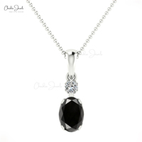 Liontin Berlian Hitam Oval Asli 7x5mm Dalam Emas Padat 14k Liontin Berlian G-H Aksen Liontin Gantung