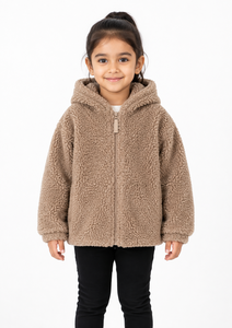 Girls <b>Teddy</b> Fleece Hooded <b>Jacket</b> Beige Brown Sherpa Winter Coat Soft Fluffy Full Zip <b>Kids</b> <b>Jacket</b> Warm Cozy Long Sleeve Outerwear - Product Image 1