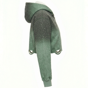 Vintage Winter Washed <b>Cropped</b> <b>Zip</b>-<b>Up</b> <b>Hoodie</b> Unisex Slim Fit Oversized Streetwear Rhinestone Print Digital Acid Wash Fleece - Product Image 4