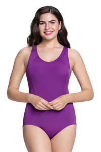 <b>Square</b> <b>Neck</b> Padded One-Piece Swimsuit Brazilian Bottom <b>Tank</b> <b>Top</b>-Woven Fabric Print Design Tummy Control Grape Glow Lace Trim - Product Image 5