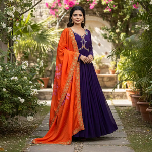 Robe Anarkali élégante pour soirée avec broderie Magham riche et tissu Foux extensible de 3,5 mètres - Product Image 1