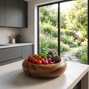 Ensemble d'ustensiles de cuisine en bois de teck massif de qualité alimentaire, bol rond, plat en bois artisanal, saladier artisanal balinais, centre de table - Product Image 4