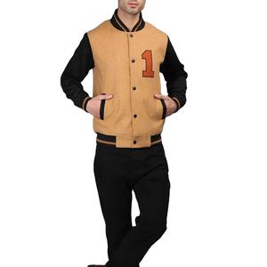 <b>Men's</b> Woolen Varsity <b>Jacket</b> Solid Color Stand Collar Regular Sleeve Winter Casual Wear Eco-Friendly Waterproof Black and Tan - Product Image 2