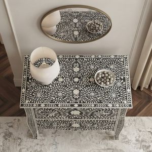 Modern Black and White Floral Wooden Nightstand <b>Side</b> <b>Table</b> Accent Chest of Drawers <b>Storage</b> Bedroom Furniture - Product Image 3