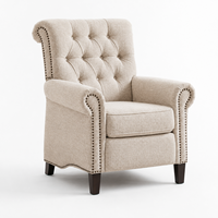 Fauteuil à dossier haut capitonné beige élégant et moderne avec accoudoirs roulés, garniture cloutée, assise rembourrée et pieds en bois foncé pour chambre à coucher et décoration intérieure