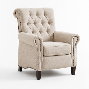 Elegante Sillón Beige con Respaldo de Orejas, Brazos Enrollados, Detalles de Tachuelas, Asiento Acolchado y Patas de Madera Oscura para Decoración del Hogar - Product Image 4