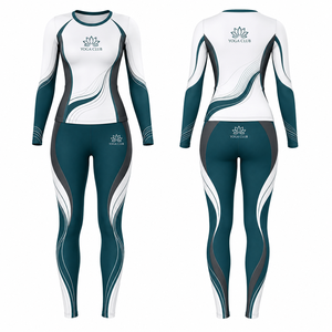 Ensemble de yoga pour femmes Yoga Club, col rond, manches longues, taille élastique en mesh, bleu turquoise et blanc, longueur intégrale, respirant, en spandex et polyester - Product Image 1
