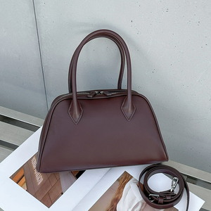 Classic Brown Genuine Leather <b>bowling</b> bag With Zipper Closure Two Handles Women's Handbag Daily Use <b>bowling</b> bag leather - Product Image 4