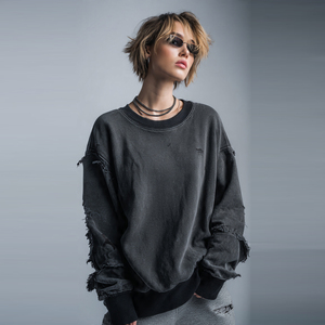 Women Plain Crew Neck Distress Sweatshirts <b>Drop</b> Shoulder Fashion Wear Distress Sweat Shirts Women's Oversize Distress Sweatshirt - Product Image 4