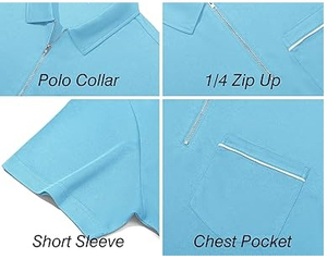 Polo de punto de manga corta azul claro liso para hombre, estilo casual, con cremallera 1/4, bolsillo en el pecho, talla grande - Product Image 3