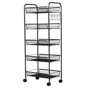 Carrello a 5 Ripiani in Rete con 5 Cestini e 5 Ganci, Ruote Universali Bloccabili - Nero, Design Funzionale Pieghevole per Cucina e Bagno - Product Image 5
