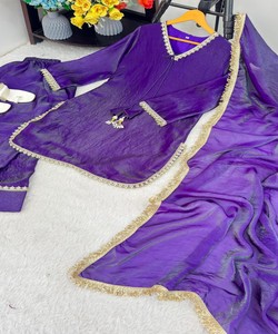 Rich Look Satin Silk Hand Made Real Mirror Pearl Moti Lace Work <b>Top</b> Patiyala With Dupatta Purple 84024 MBL-563 - Product Image 4