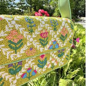 Sac à main rectangulaire en verre perlé jaune fait main avec broderie florale (Polyester) Lavable Usage quotidien ALI FASHION ART AFA-03 Toile - Product Image 4
