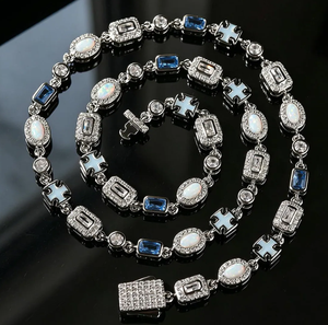 Iced Out Brass Tennis Chain Necklace Oval and Rectangle Zircon Cross Clasp Rhodium Plated Hip Hop Jewelry - Product Image 1