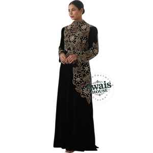 Imported Velvet Crystal Sequined Beading Solid Floor-Length Long Sleeve Modest Simple Abaya <b>Kaftan</b> <b>Dress</b> for Eid Occasions - Product Image 3