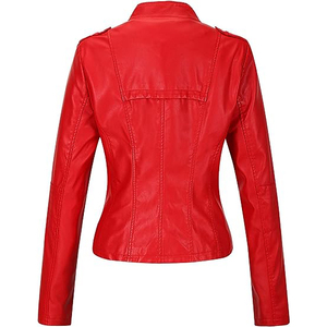 Veste de moto Jimieson Apparel pour femme en cuir véritable rouge, épaisse, coupe-vent, manches longues, col montant, fermeture éclair, couleur unie - Product Image 3