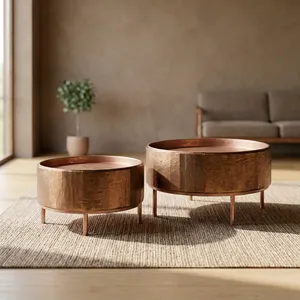 Tables basses gigognes rondes modernes en bois avec plateau, mobilier minimaliste pour salon - Product Image 3