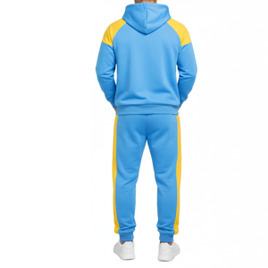 ชุดวอร์มผู้ชายแบบสั่งทำพิเศษ – เสื้อฮู้ดแขนแร็กแลนสีฟ้าสดใสและสีเหลือง – ชุดกีฬาพร้อมกางเกงเข้าชุด ขอบแขนเสื้อแบบตัดกัน - Product Image 2