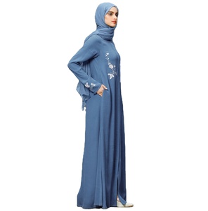 Hot Selling New Modest Straight Islamic Clothing Muslim Women Long Sleeve Embroidery Printing Abaya 100% Silk Chiffon Maxi Dress - Product Image 4