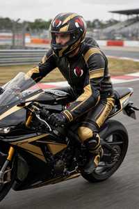 Conjunto de Chaqueta y Pantalones de Motociclismo de Cuero Negro y Dorado con Estampado Personalizable para Hombre - Product Image 6