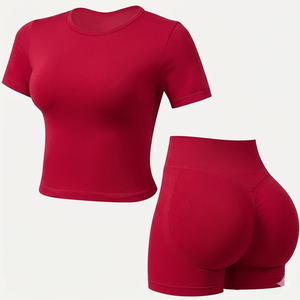 Conjunto Deportivo Seamless Personalizado para Mujer, Top de Manga Corta, Shorts de Cintura Alta con Efecto Scrunch, Ropa Deportiva para Gimnasio, Yoga y Ejercicio - Product Image 1