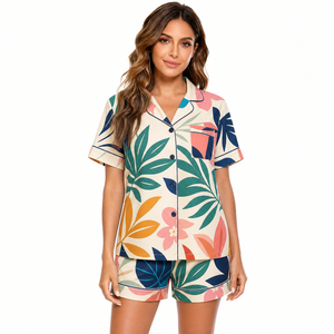 Ensemble de pyjama en satin bleu pour femmes, manches courtes, boutons sur le devant, élégant, vêtements de nuit d'été - Product Image 5
