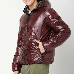 Men's Winter Hooded Puffer Jacket Pu Material Windproof Casual Solid Color Zipper Closure Regular Fit Insulated <b>Coat</b> - Product Image 2