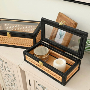 Classic Design Woven Rattan Jewelry <b>Box</b> with Glass <b>Lid</b> Eco-Friendly Rectangle <b>Storage</b> for Home Decor - Product Image 4