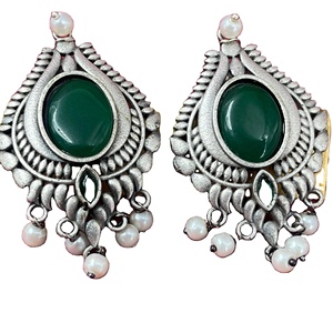 ARTS JEWELS Oxidized Ethnic Brass Antique Silver <b>Stud</b> Earrings with Green Jade Stone From Rajasthan for Women's Anniversary - Product Image 1