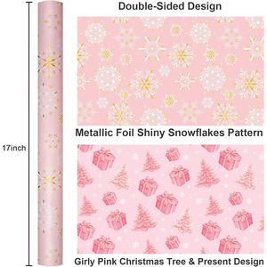 Rotolo di Carta da Regalo Natalizia Reversibile Riutilizzabile Rosa Oro Metallizzato con Fiocchi di Neve e Alberi, Carta da Imballaggio Ecologica per - Product Image 1
