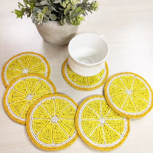Striped & Lemon <b>Beaded</b> <b>Coaster</b> Set Handmade Colorful Drink <b>Coasters</b> Table Decor - Product Image 1