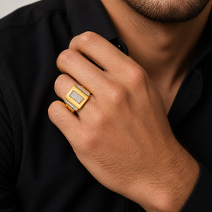Mens 18KT Yellow Gold Geometric Square Signet <b>Ring</b> Micro Pave Cubic Zirconia Two Tone <b>Statement</b> Band Wedding Party Gift Jewelry - Product Image 5