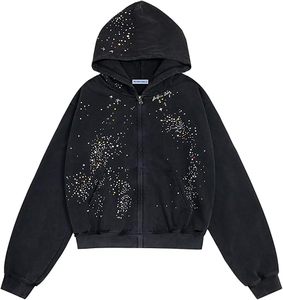 Sudadera con capucha y cremallera negra con pedrería para hombre, estilo oversize, streetwear, casual, con estampado de estrellas - Product Image 1
