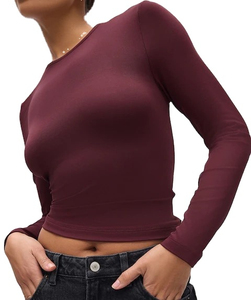 T-shirt court à manches longues et col rond pour femme, coupe ajustée, avec broderie et logo, option grandes tailles, vente en gros - Product Image 5