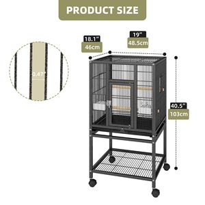 Cage à oiseaux en métal de 41 pouces avec support roulant, plateau, 2 perchoirs et mangeoires - Noir - Product Image 2