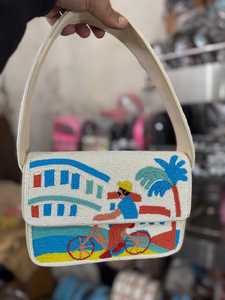 Handmade Embroidered Fish Pattern Canvas <b>Handbag</b> Rectangular Shape Textile Purse - Product Image 4