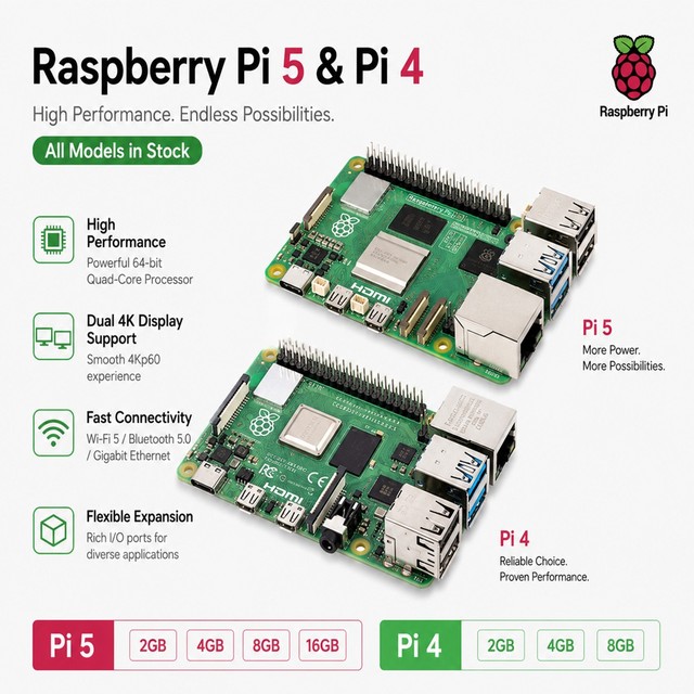 Raspberry Pi 5 & Pi 4 Single Board Computer Motherboard 2GB 4GB 8GB 16GB in Stock Original SBC for IoT AI Industrial Use