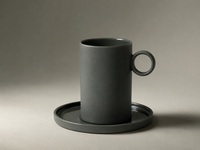 Ensemble tasse et soucoupe à poignée ronde en ciment gris, grès mat aspect pierre, tasse à café en céramique avec assiette, vaisselle