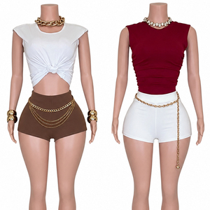 Conjunto de Dos Piezas para Mujer, Top Corto y Pantalones Cortos, Manga Corta, Corte Ajustado, Conjunto Combinado, Venta al Por Mayor Personalizada - Product Image 4