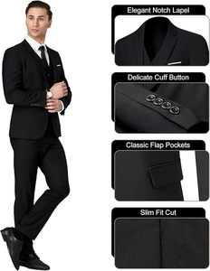 Ensemble 3 pièces pour homme en laine peignée, coupe ajustée, anti-plis, pour tenue de cérémonie, d'affaires ou de mariage - Product Image 4