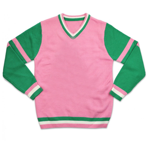 เสื้อสเวตเตอร์ไหมพรมคอวี แขนยาว สีชมพูเขียว ลายบล็อก สไตล์พรีปปี้ สำหรับผู้หญิง ป้องกันขนร่วง - Product Image 1