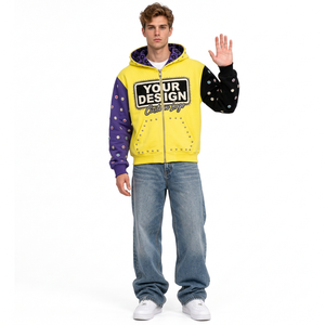 Sudadera con capucha para hombre, de algodón grueso, con bloques de color, efecto desgastado, con cremallera, bordado personalizado, estilo urbano, informal, de moda. - Product Image 6